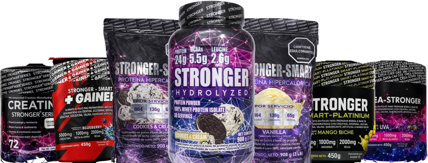 Línea completa de productos Stronger: proteína hidrolizada, hipercalóricas y creatinas